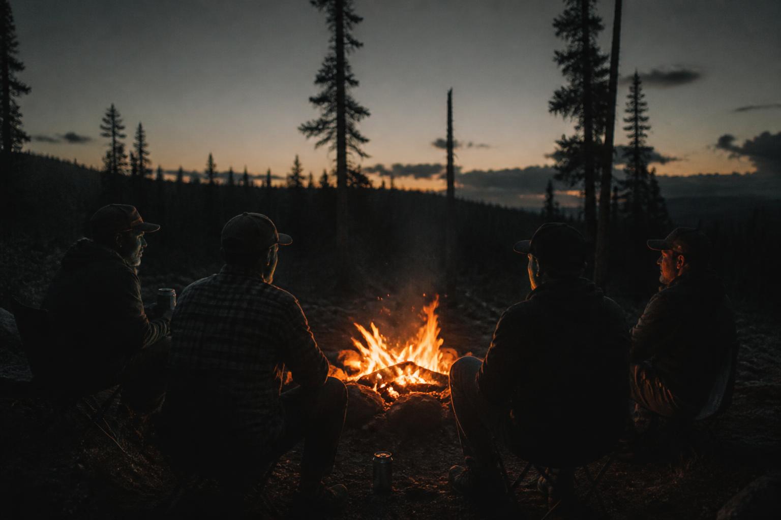 Men gathered around a campfire at dusk in a wilderness clearing